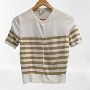 J. Crew Womens Short Sleeve Striped Cardigan Sweater White Tan Medium